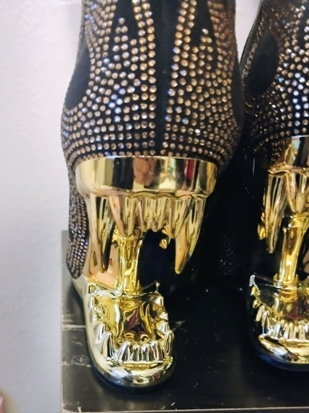 Embellished Black Heel Boots with Gold Sculpted Skull Animal Teeth